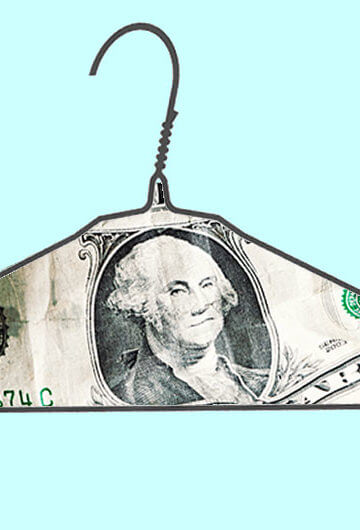 A collage of a dollar bill inside of a coat hanger