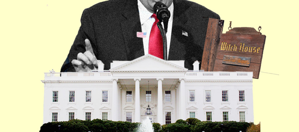 Collage of a photo of the White House, a picture from trump from the bottom of his mouth to half-way down his chest, and a sign that says, "Witch House."