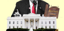 Collage of a photo of the White House, a picture from trump from the bottom of his mouth to half-way down his chest, and a sign that says, "Witch House."