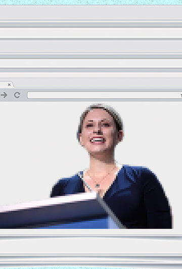 A collage of a picture of Katie Hill in front of blank internet pages.