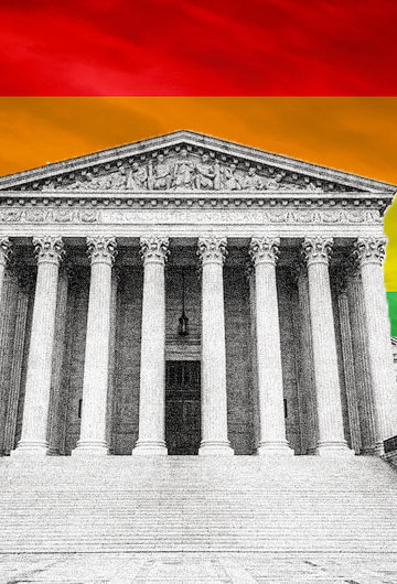 The US Supreme Court with the LGBTQ+ flag in the background.