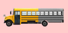An image of the school bus, front half is in yellow and black colors, and back half is gray and black.