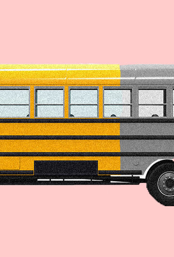 An image of the school bus, front half is in yellow and black colors, and back half is gray and black.