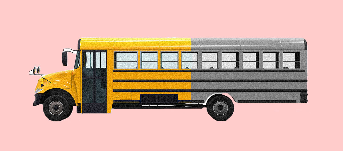 An image of the school bus, front half is in yellow and black colors, and back half is gray and black.