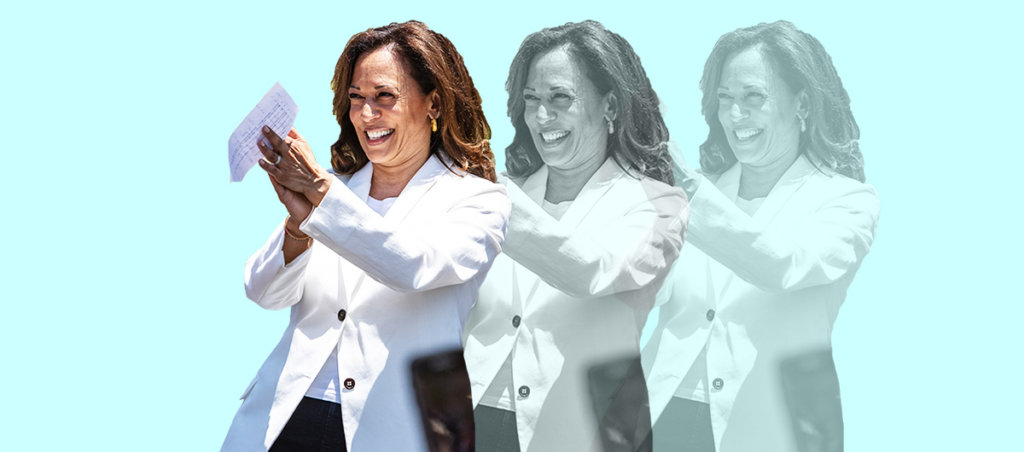 A collage three images of Kamala Harris, the latter two are in black and white and are more transparent