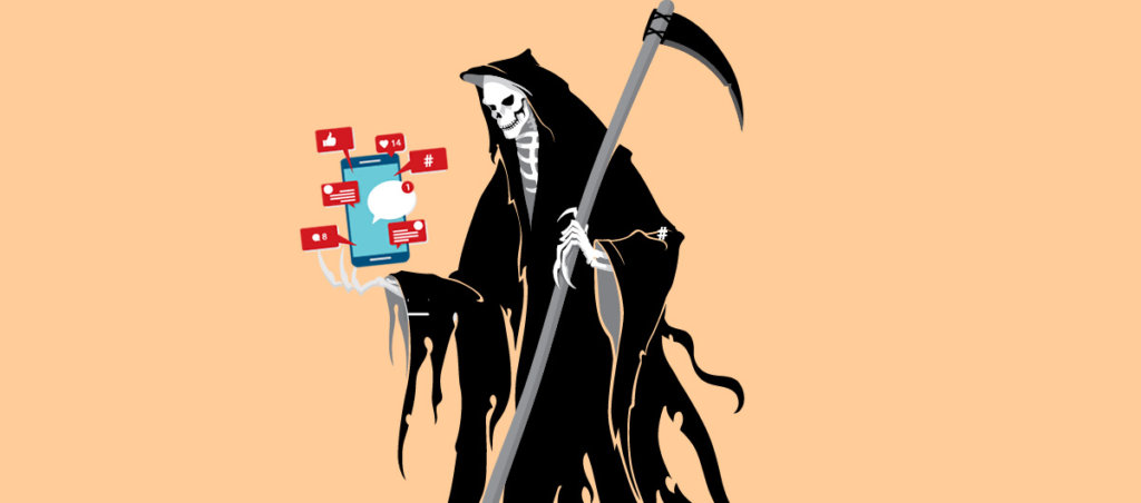 A collage of an image of a Grim Repear holding a phone that has notifications coming out of it.