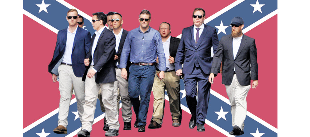 A collage of Neo-Nazis in suits walking in front on the background of a Confederate Flag.
