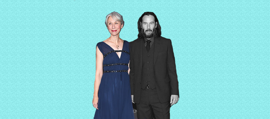 A collage of a photo of Keanu Reeves and Alexandra Grant on a blue background.
