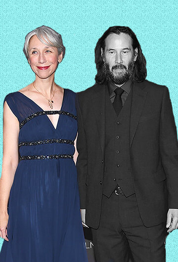 A collage of a photo of Keanu Reeves and Alexandra Grant on a blue background.