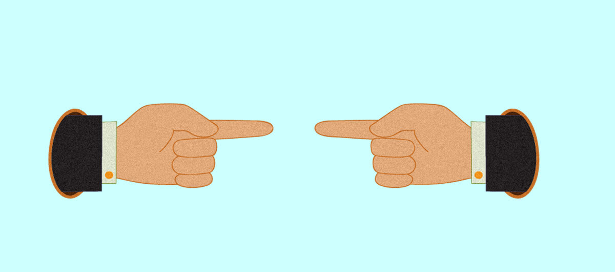 Illustration of two hands pointing at each other.