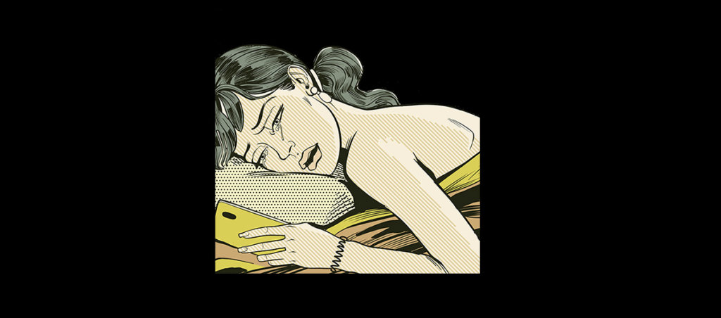 An illustration of a woman crying on her pillow while looking on her phone