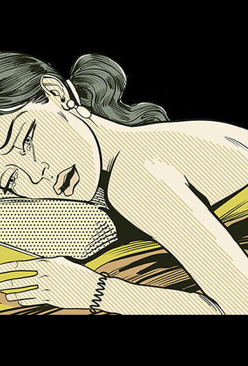 An illustration of a woman crying on her pillow while looking on her phone
