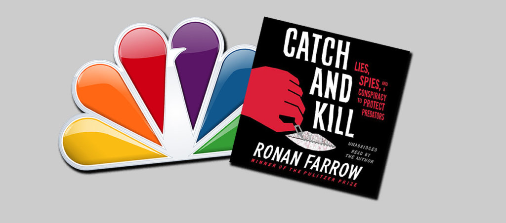 A collage of an NBC logo and the cover of the book "Catch and Kill" by Ronan Farrow