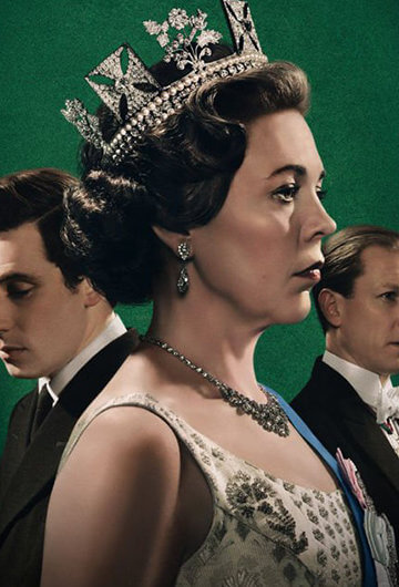 A photo from "The Crown," featuring actors that play the Queen of England, Prince Philip and Prince Charles