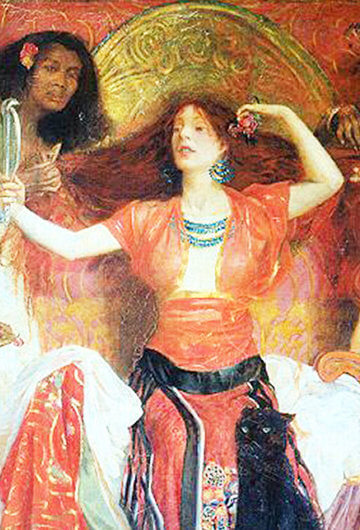 A piece of art of the princess Jezebel in color in the middle, and in black and white on either side.