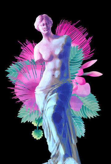 Statues of women with pink and green florals behind them.