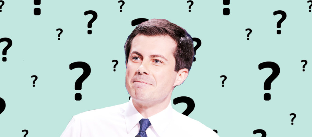 A photo of Pete Buttigieg with a background of question marks.