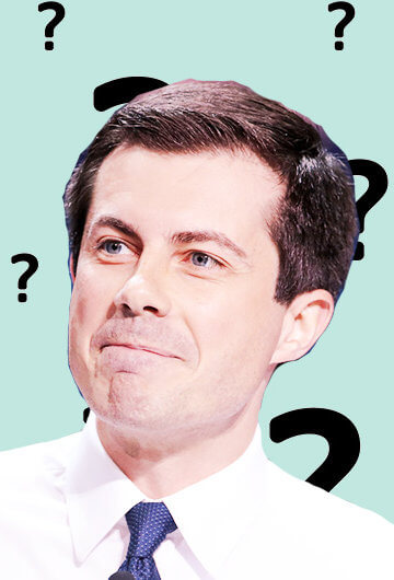 A photo of Pete Buttigieg with a background of question marks.