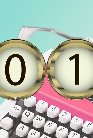 A collage of a pink typewriter in the background and buttons that say "2019" in the front.