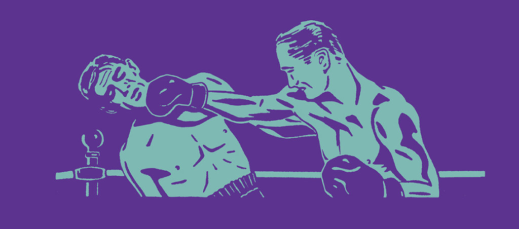 An illustration of one man punching another man in a boxing ring.