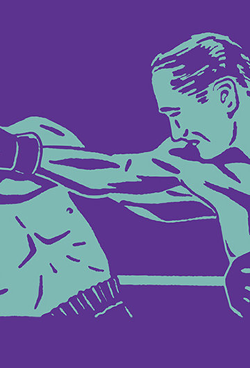 An illustration of one man punching another man in a boxing ring.