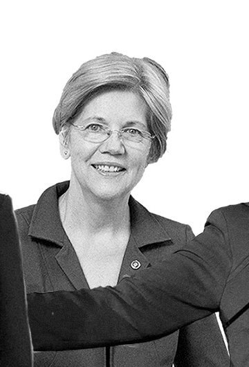 A collage of black and white photos of Kamala Harris, Elizabeth warren and Hillary Clinton