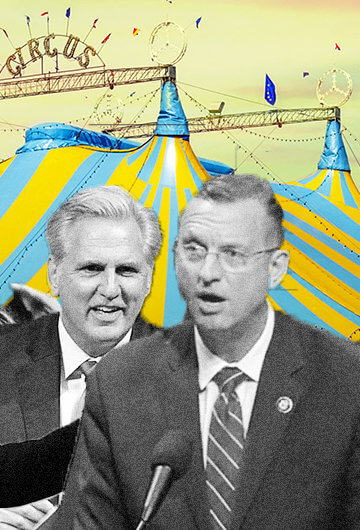 Collage of black and white photos of five republicans with a circus in the background.
