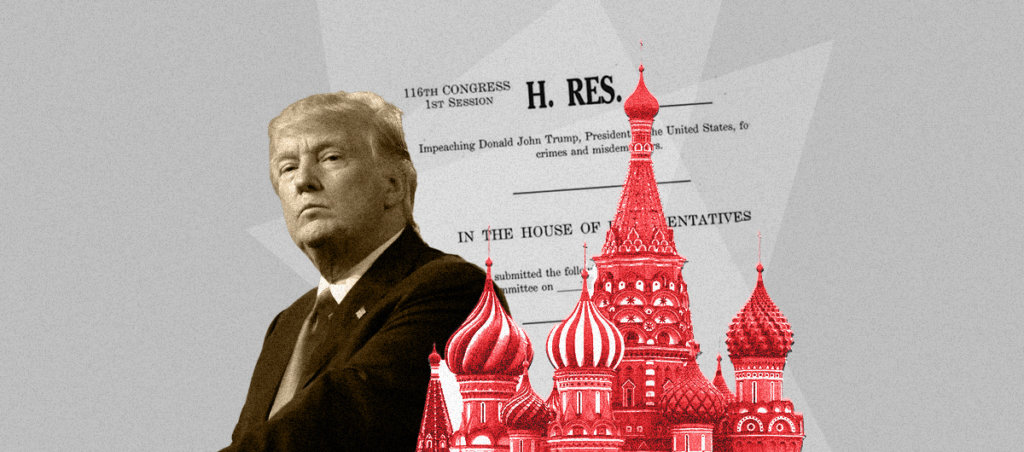 A collage of a picture of former President Donald Trump, the Kremlin in red, and a congressional document on impeaching Trump in the background.