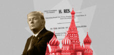 A collage of a picture of former President Donald Trump, the Kremlin in red, and a congressional document on impeaching Trump in the background.