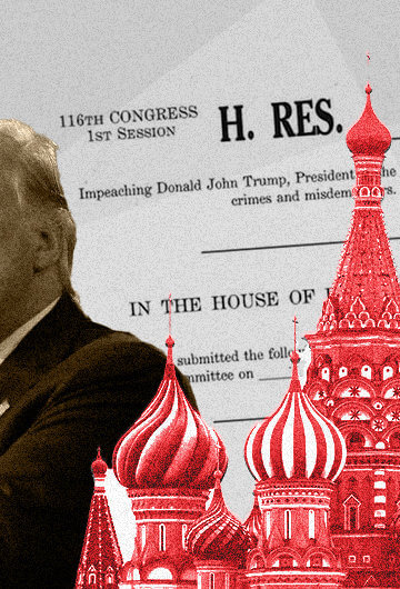 A collage of a picture of former President Donald Trump, the Kremlin in red, and a congressional document on impeaching Trump in the background.