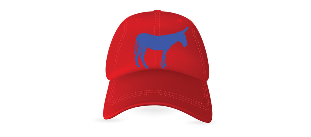 A red hat with a blue donkey on it.
