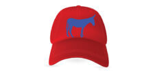 A red hat with a blue donkey on it.