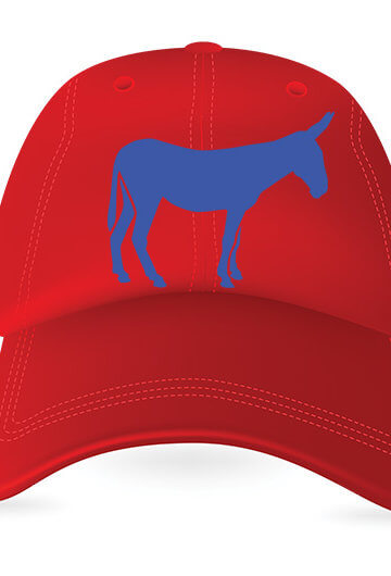 A red hat with a blue donkey on it.
