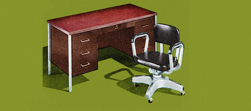 A collage of a computer office chair and a desk with drawers