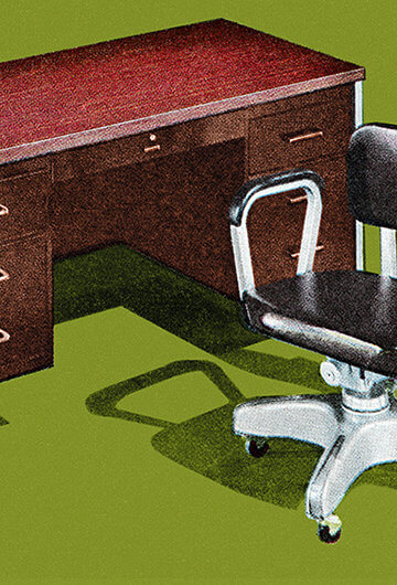 A collage of a computer office chair and a desk with drawers