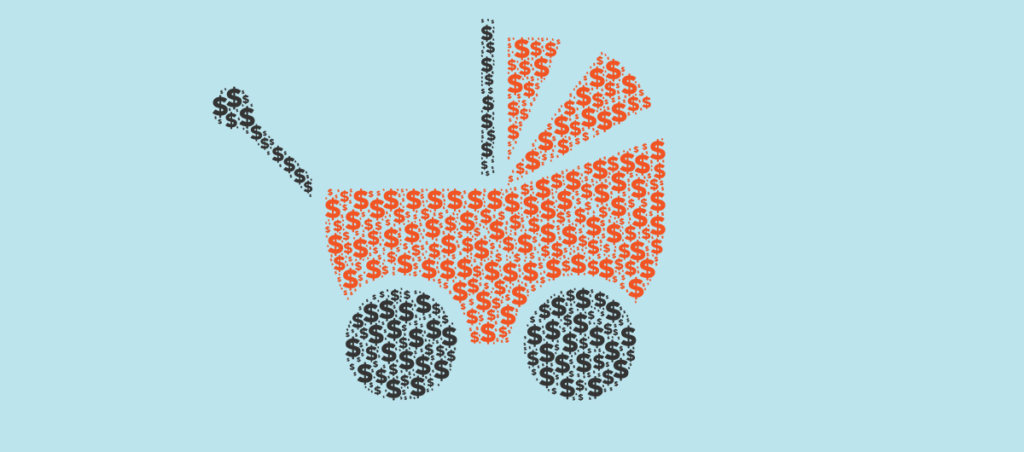 An illustration of a baby stroller made up of dollar signs.