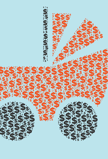 An illustration of a baby stroller made up of dollar signs.