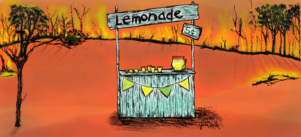 Illustration of lemonade stand in burning field
