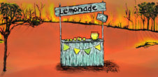 Illustration of lemonade stand in burning field