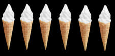 A collage of six ice cream cones with white ice cream in them.