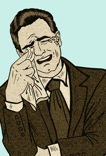 An illustration of a white man crying using tissue to dab his eyes.