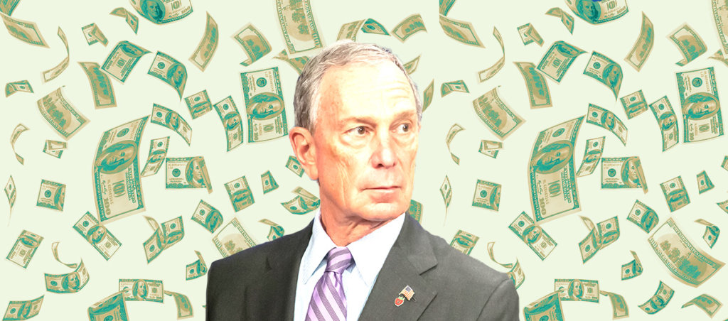 An image of Michael Bloomberg surrounded by dollar bills.