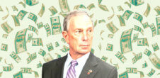 An image of Michael Bloomberg surrounded by dollar bills.