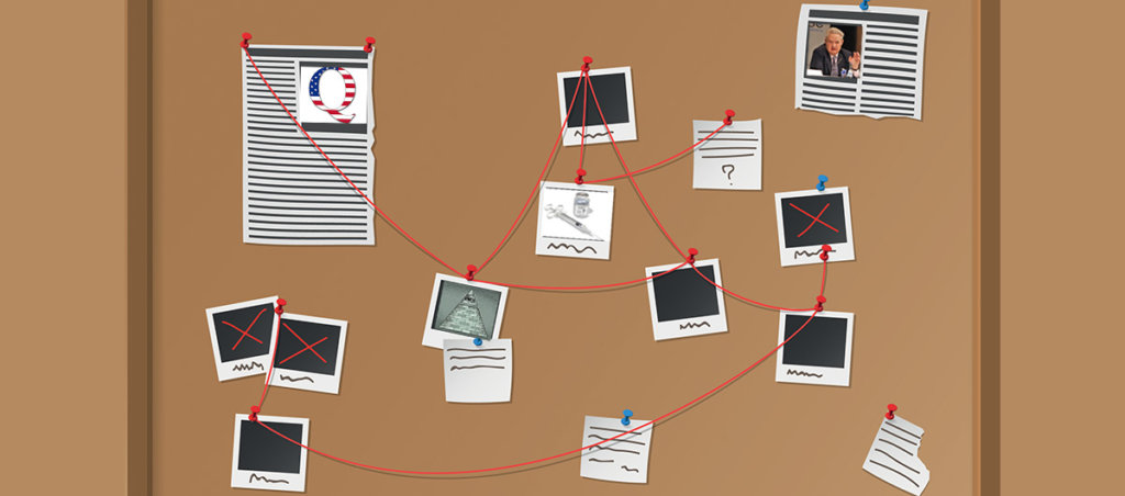 An illustration of an evidence board with red string connecting different photos and texts, including one with the Qanon symbol on it.