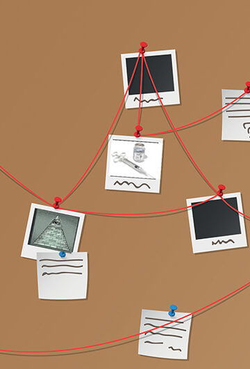 An illustration of an evidence board with red string connecting different photos and texts, including one with the Qanon symbol on it.