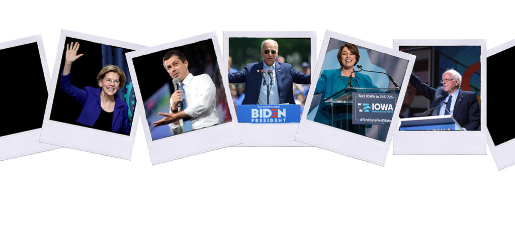 A collage of photos of Elizabeth Warren, Pete Buttigieg, Joe Biden, Amy Klobuchar, and Bernie Sanders