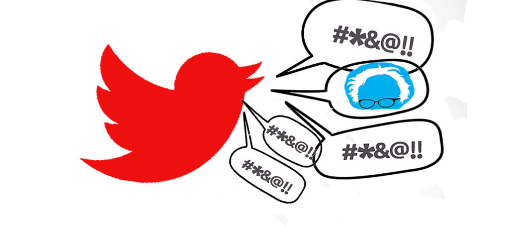The Twitter bird symbol with speaking boxes with text like "#X&@!!" replacing swears in them.