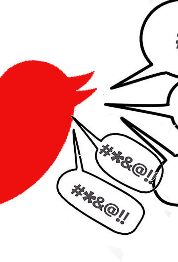 The Twitter bird symbol with speaking boxes with text like "#X&@!!" replacing swears in them.