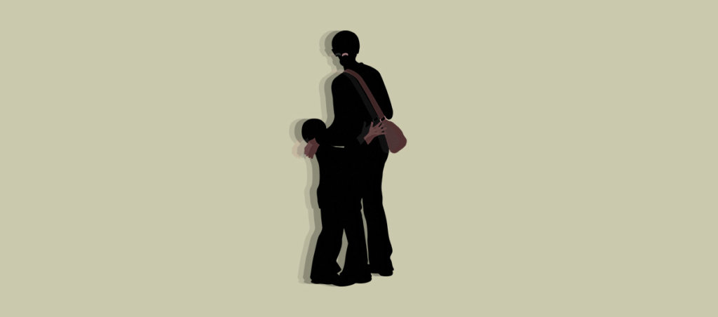 An illustration of a woman and her small child in black clothes looking away.