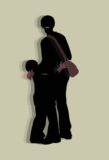 An illustration of a woman and her small child in black clothes looking away.